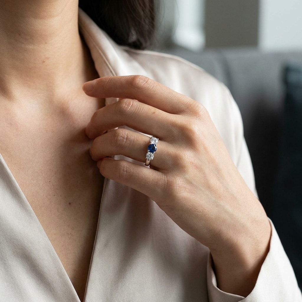 Blue_Sapphires_And_Diamond_Trilogy_Engagement_Ring_On_Hand