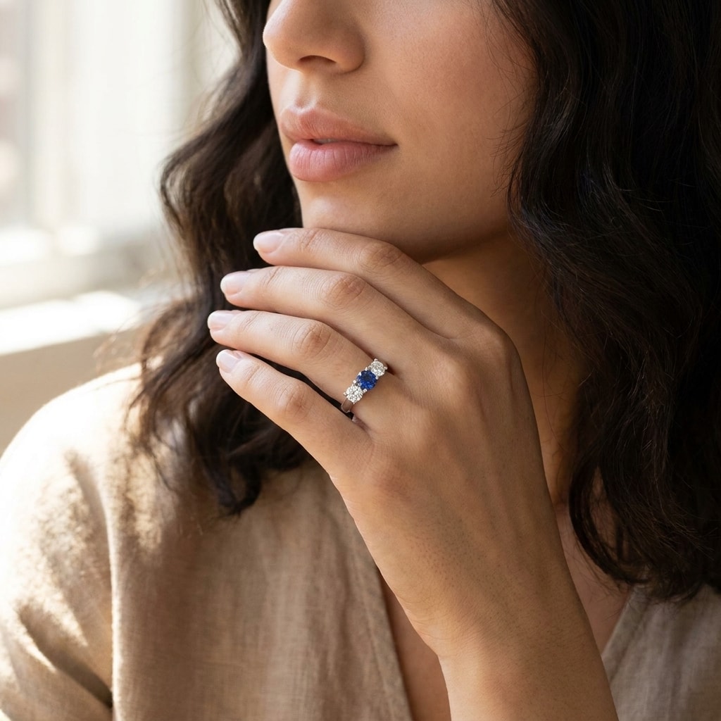 Blue Sapphires And Diamond Trilogy Engagement Ring - alternate view