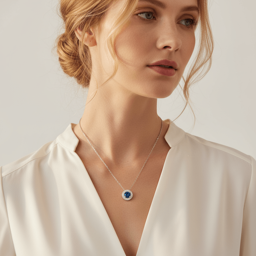 Blue_Sapphire_Double_Halo_Diamond_Necklace_On_Model_2