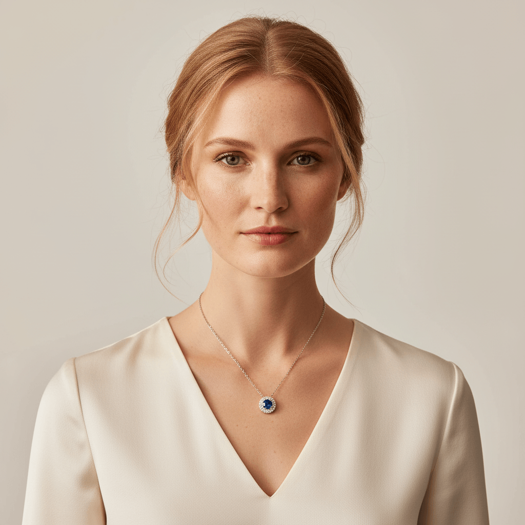 Blue Sapphire Double Halo Diamond Necklace - alternate view