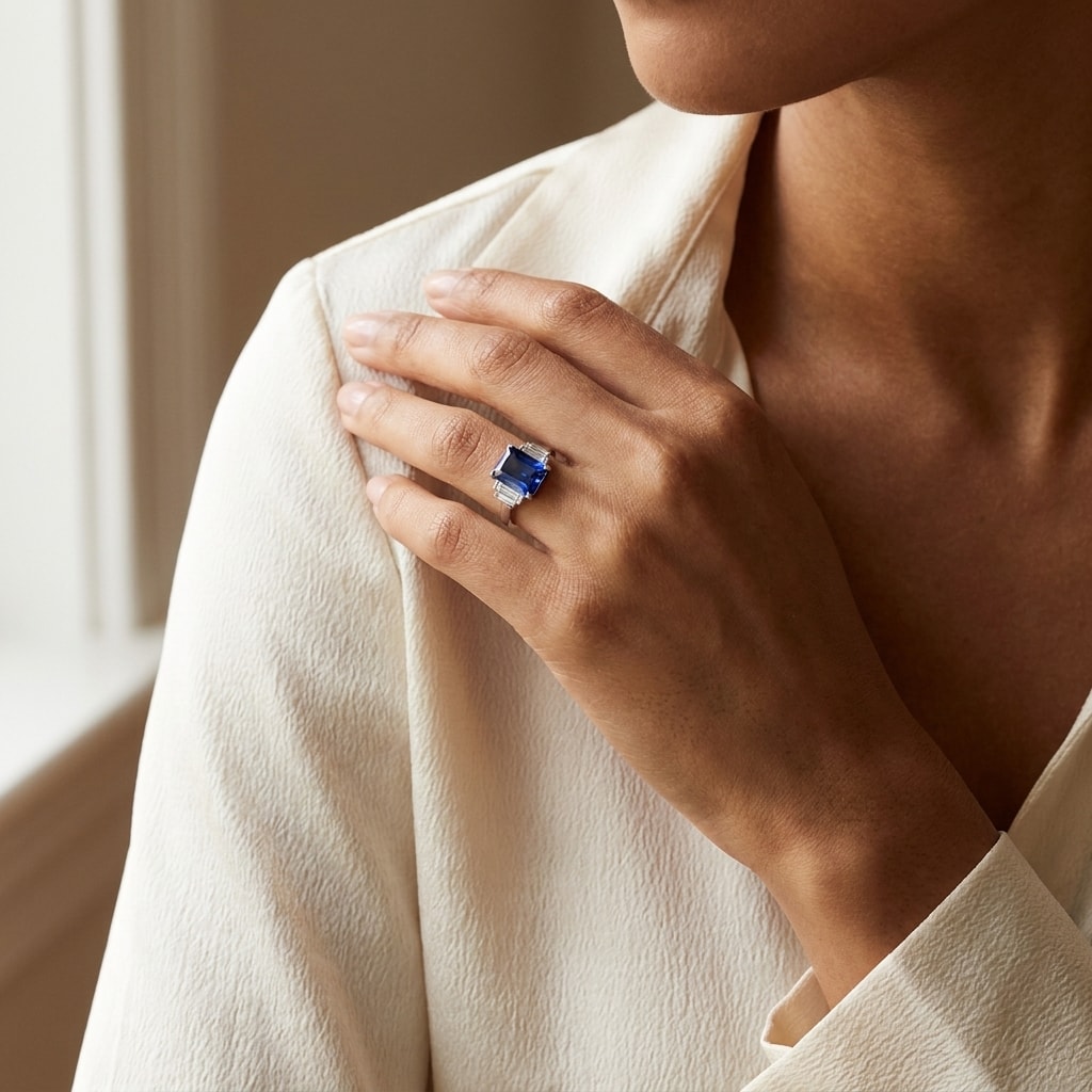 Blue_Sapphire_Emerald_Cut_and_Side_Baguettes_Engagement_Ring_On_Hand
