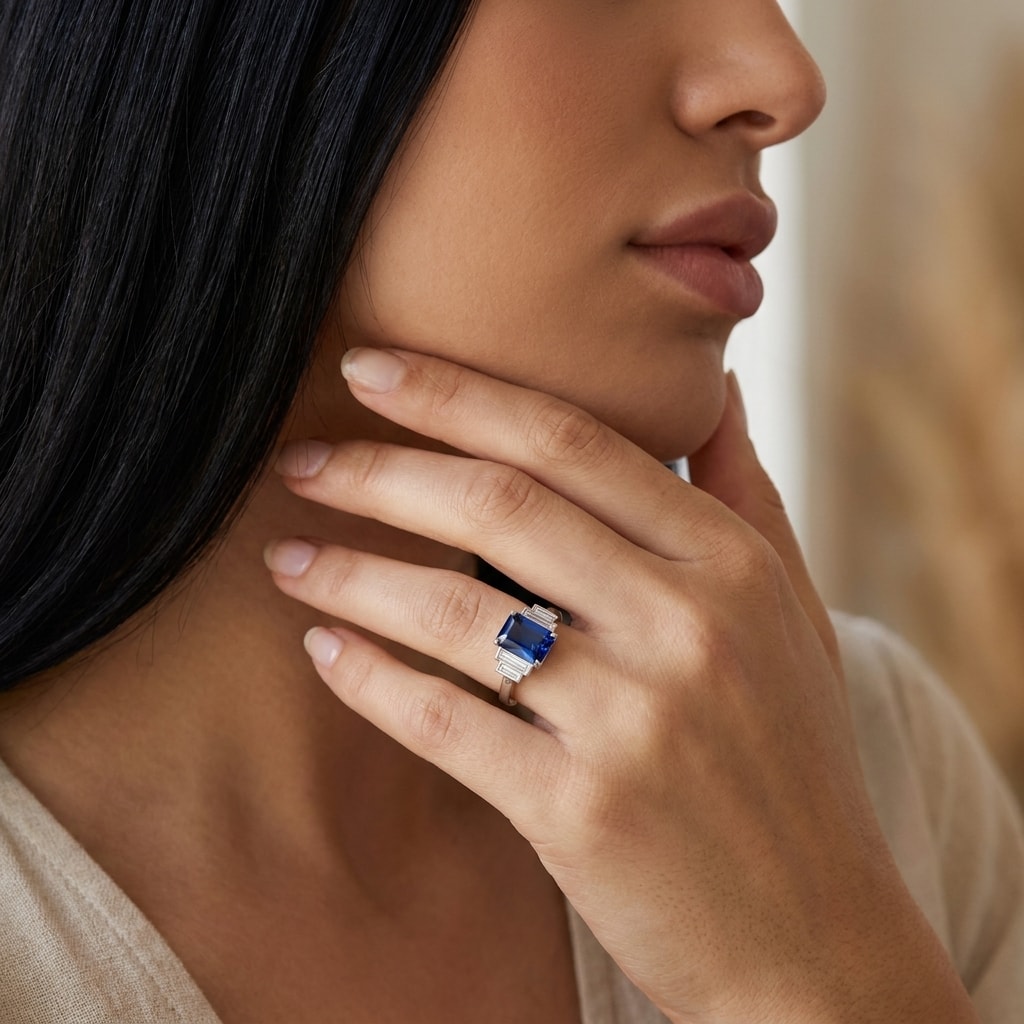 Blue Sapphire Emerald Shape and Side Baguettes Engagement Ring - alternate view