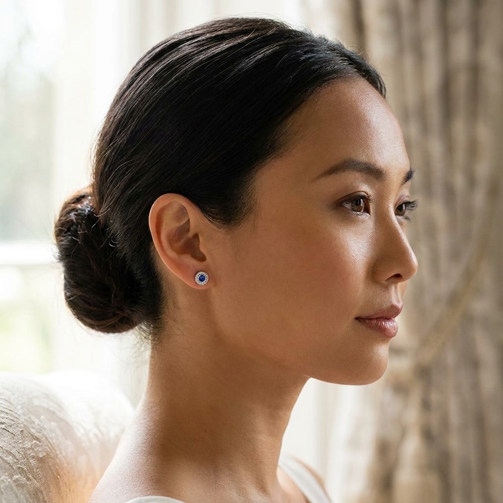 Blue_Sapphire_Grain_Set_Diamond_Earring_Studs_On_Model_2