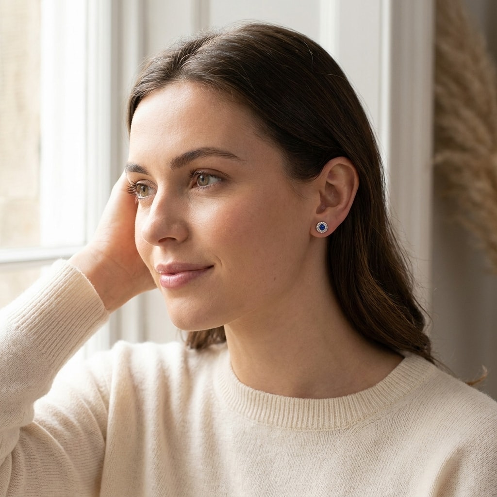 Blue_Sapphire_Grain_Set_Diamond_Earring_Studs_On_Model