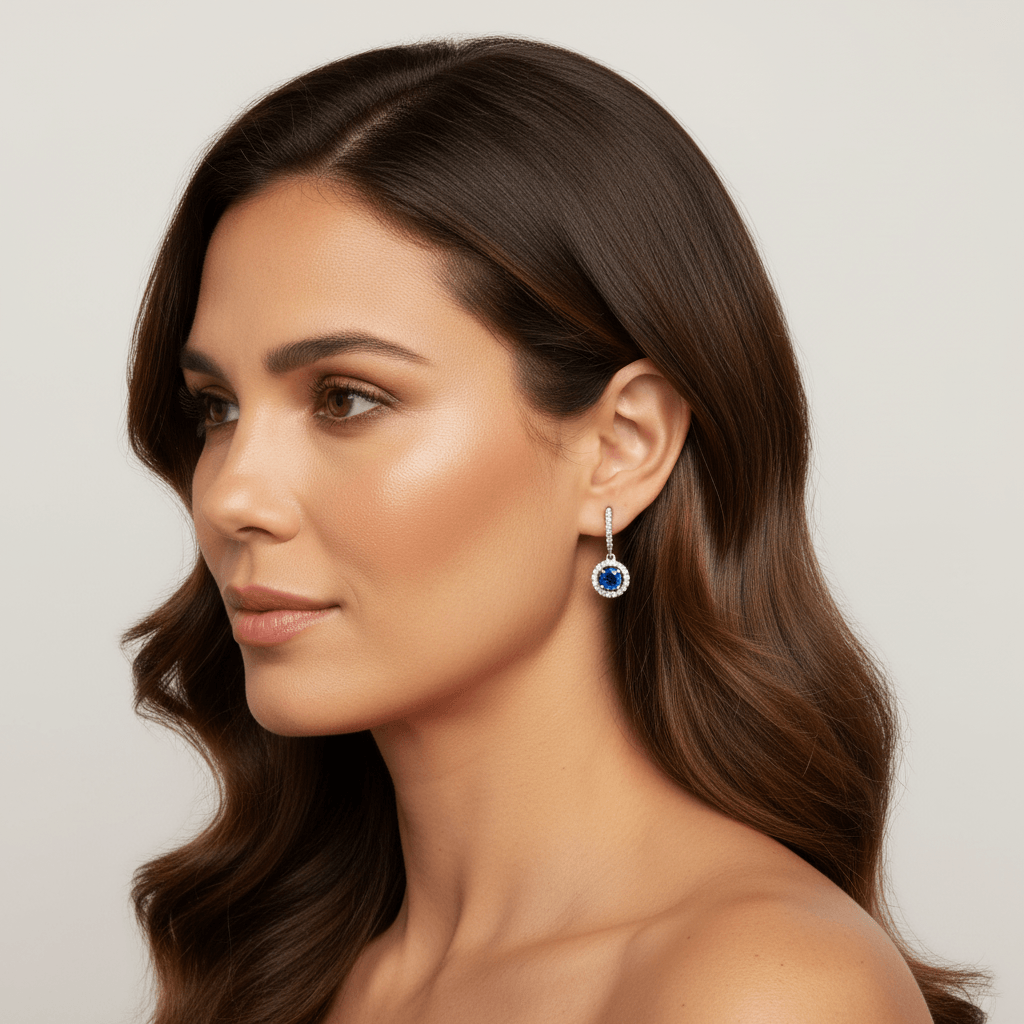 Blue_Sapphire_Halo_Drop_Hoops_Diamond_Earring_On_Model_2