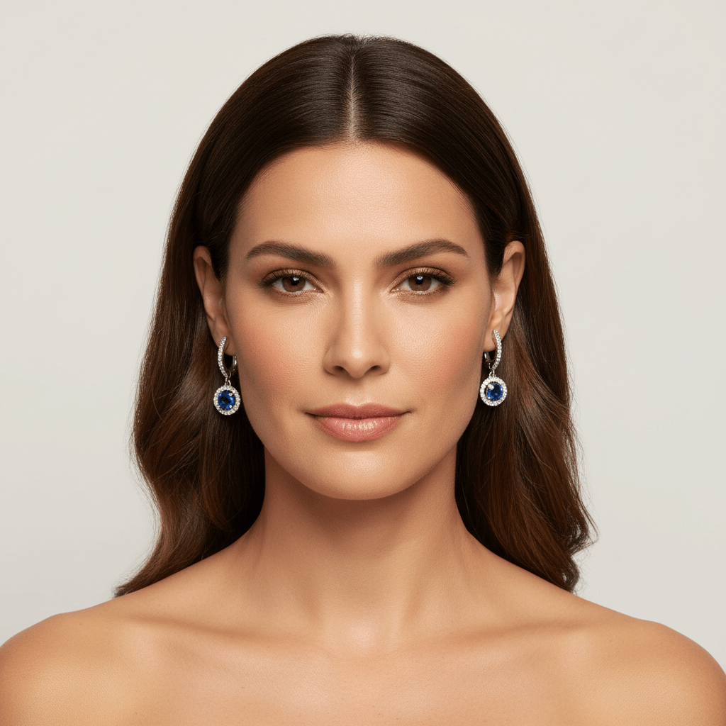 Blue Sapphire Halo Drop Hoops Diamond Earring - alternate view