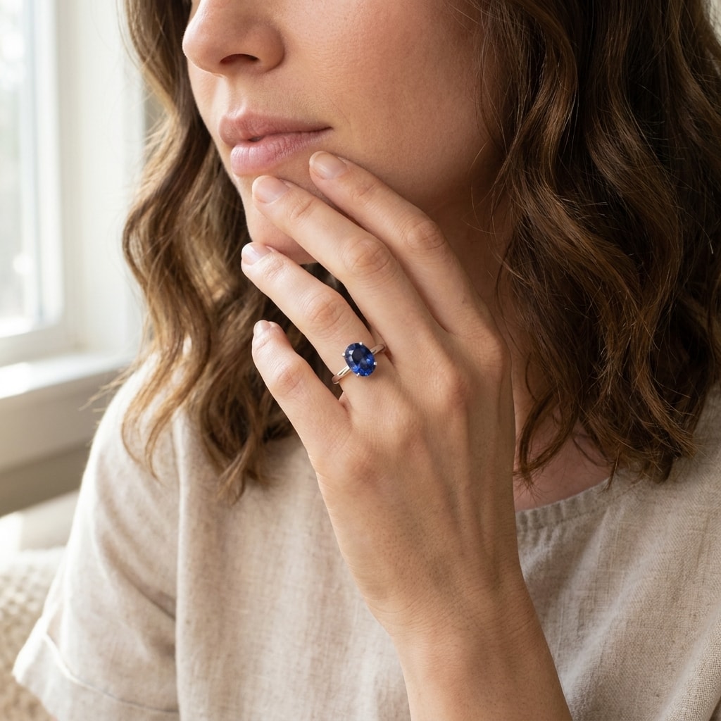 Blue Sapphire Oval Shape Solitaire Engagement Ring - alternate view