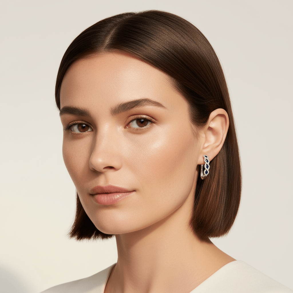 Blue Sapphire Wave Set Diamond Hoop Earring - alternate view
