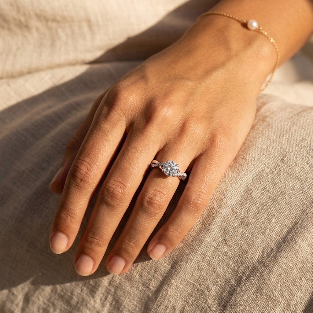 Braided_Round_Shape_Diamond_Engagement_Ring_On_Hand
