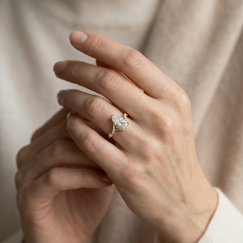 Braided_Setting_Pear_Lab_Grown_Yellow_Gold_Diamond_Engagement_Ring_On_Hand