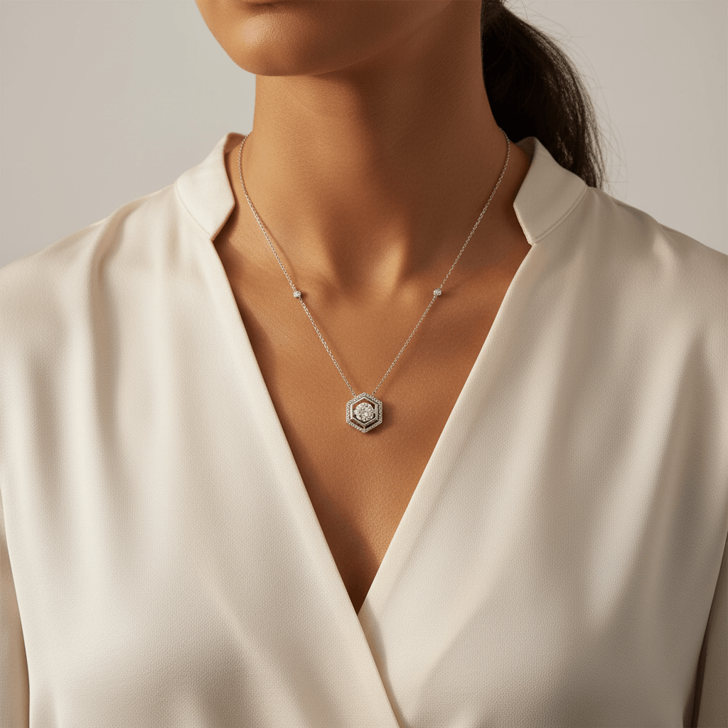 Chain_Outer_Halo_Hexagon_Diamond_Pendant_On_Model_2