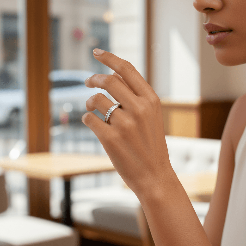 Channel_Setting_055ct_Curved_Baguette_Cut_Diamond_Wedding_Ring_On_Hand