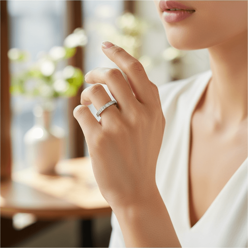 Classic_Mille_Grain_Set_3mm_Ring_Half_Band_Diamond_Wedding_Ring_On_Hand