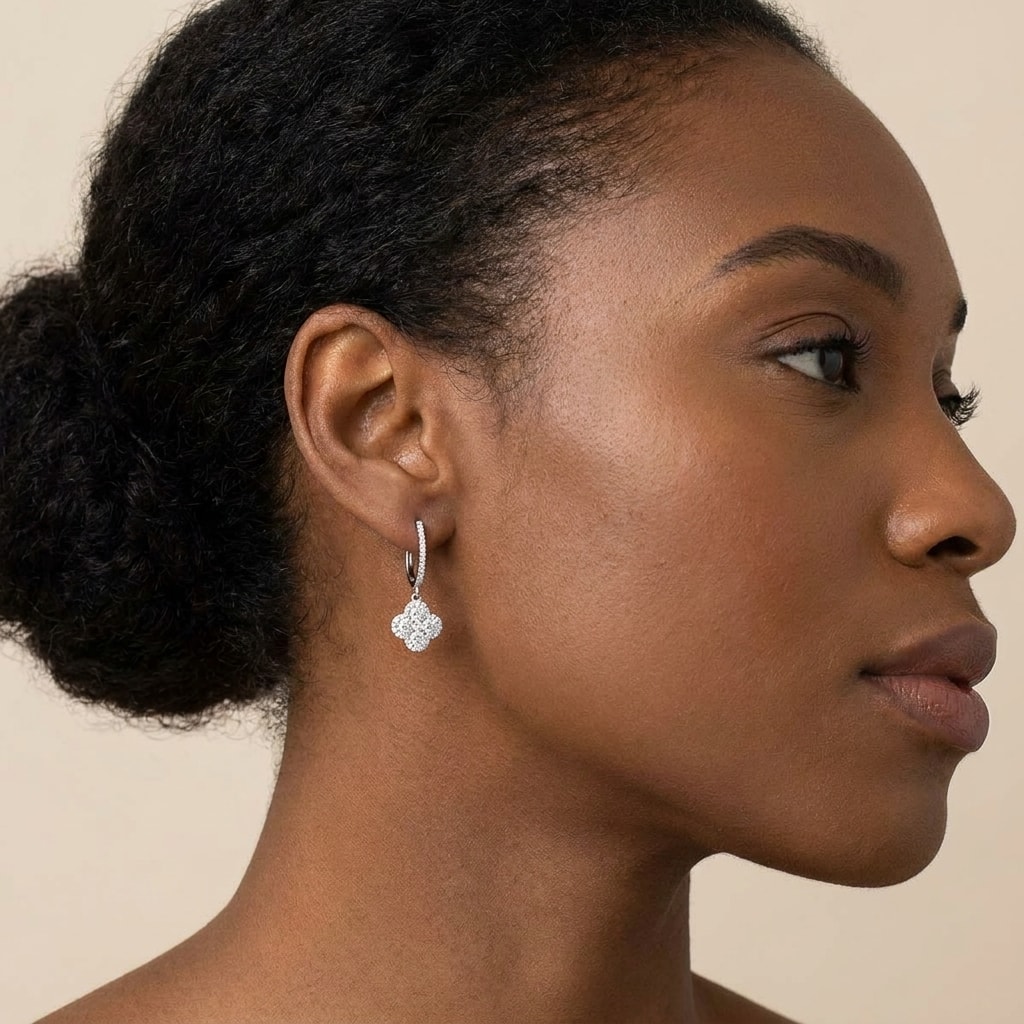 Clover_Halo_Pave_Set_Drop_Hoops_Diamond_Earrings_On_Model_2