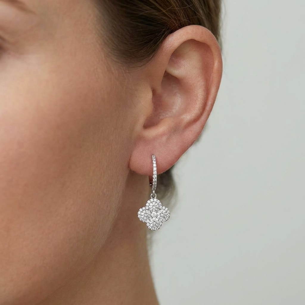 Clover_Halo_Pave_Set_Drop_Hoops_Diamond_Earrings_On_Model