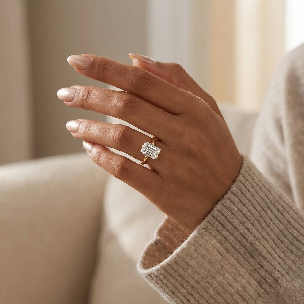 Compass Setting Emerald Cut Diamond Engagement Ring On Hand