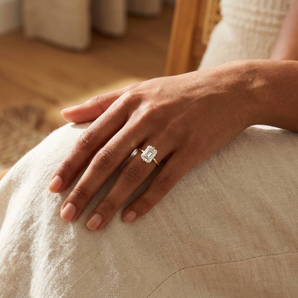 Compass_Setting_Emerald_Cut_Diamond_Engagement_Ring_On_Hand
