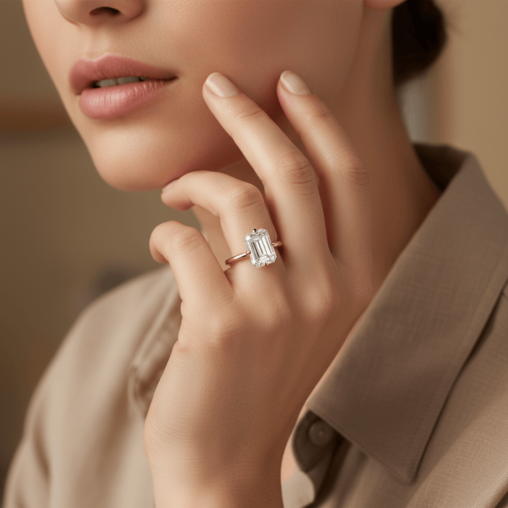 Compass Setting Emerald Shape Diamond Engagement Ring - alternate view