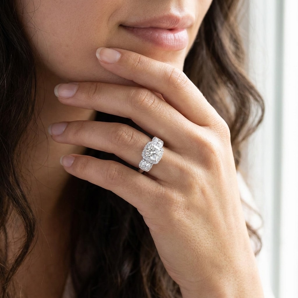 Cushion Cut Halo Trilogy Diamond Engagement Ring - alternate view