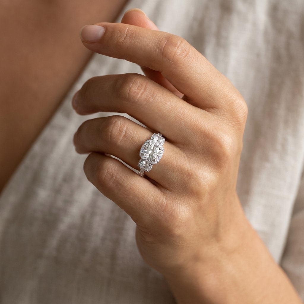 Cushion_Cut_Halo_Trilogy_Lab_Grown_Diamond_Engagement_Ring_On_Hand