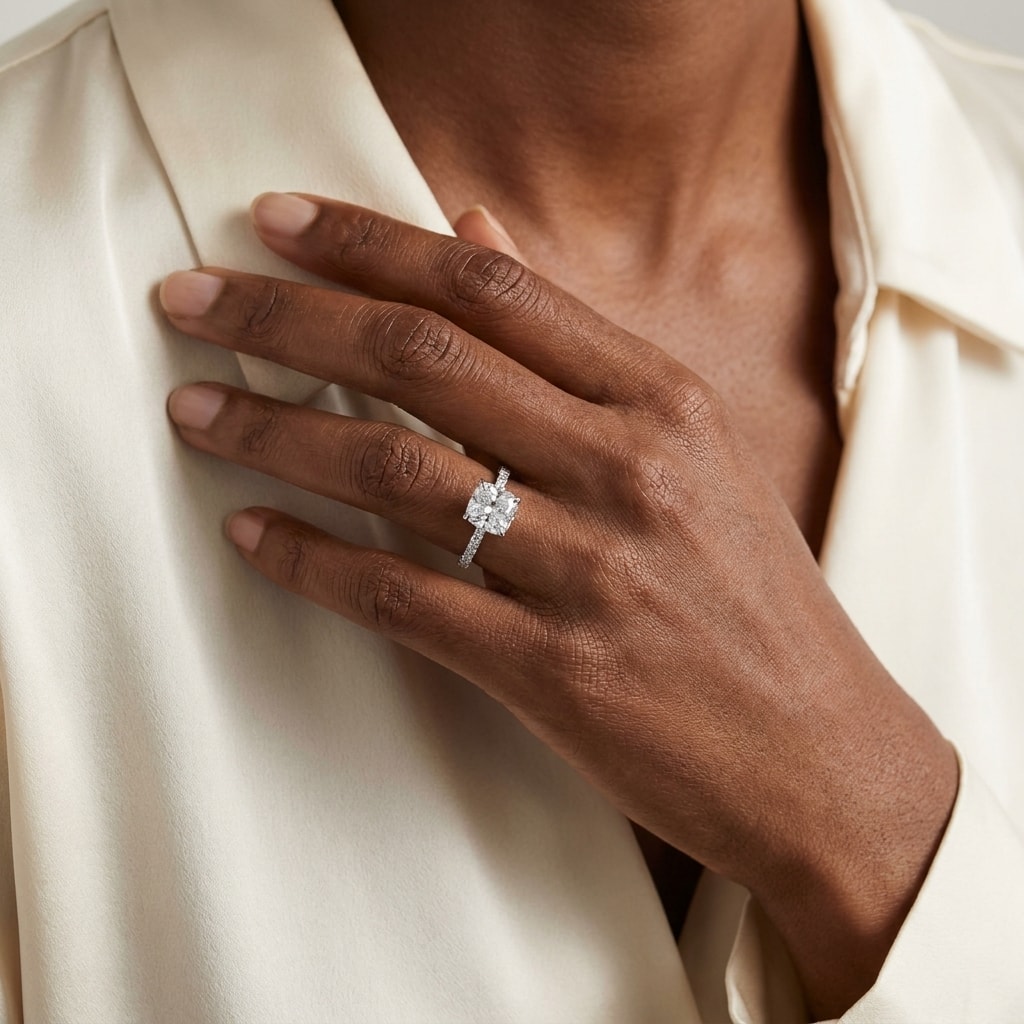 Cushion_Shape_Micro_Set_Lab_Grown_Diamond_Ring_On_Hand
