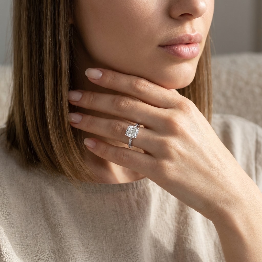 Cushion_Shape_Micro_Set_Lab_Grown_Diamond_Ring_On_Model