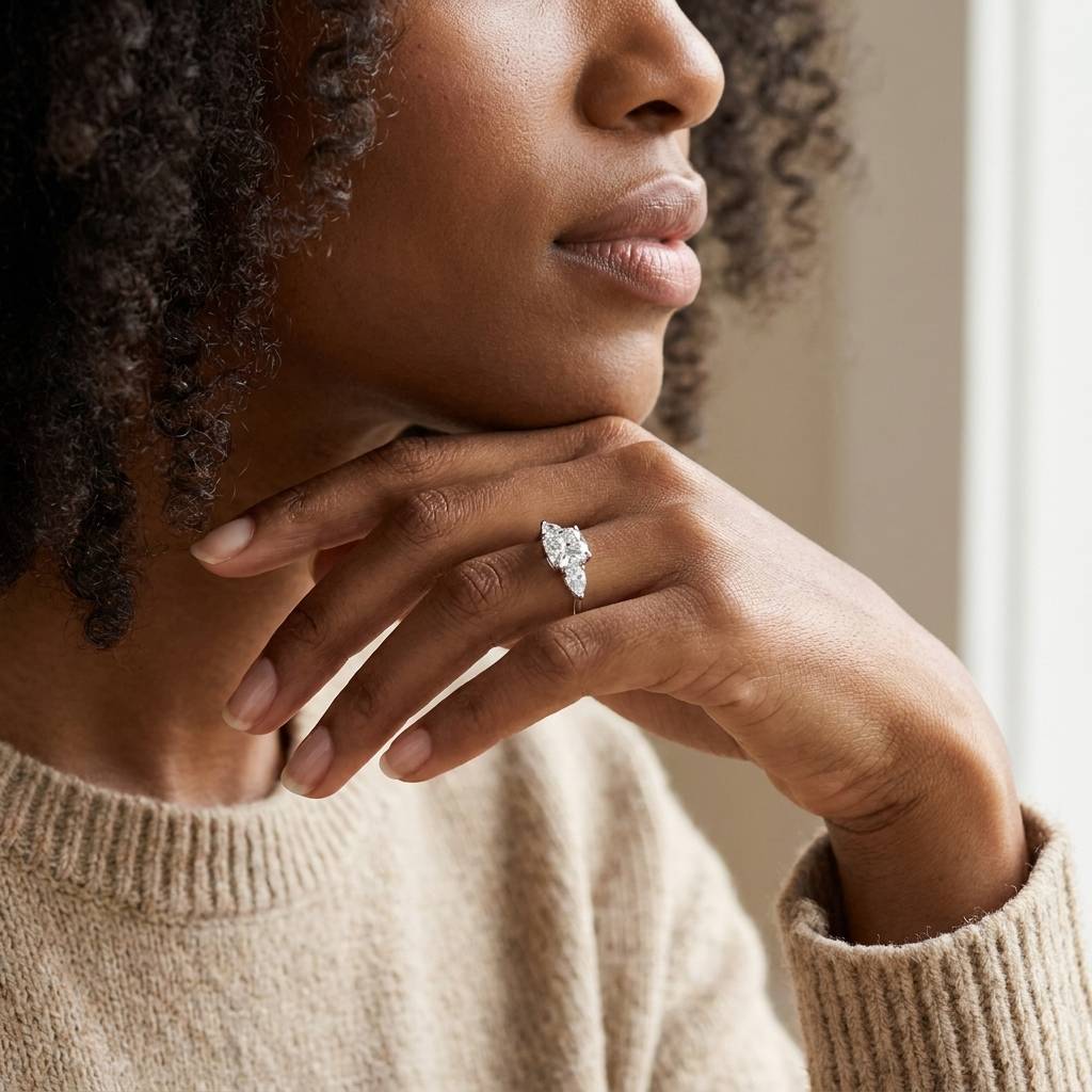 Cushion_Cut_Pear_Side_Trilogy_Lab_Grown_Diamond_Engagement_Ring_On_Model