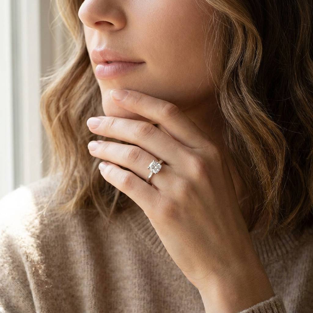 Cushion_Cut_Solitaire_Lab_Grown_Diamond_Engagement_Ring_On_Model