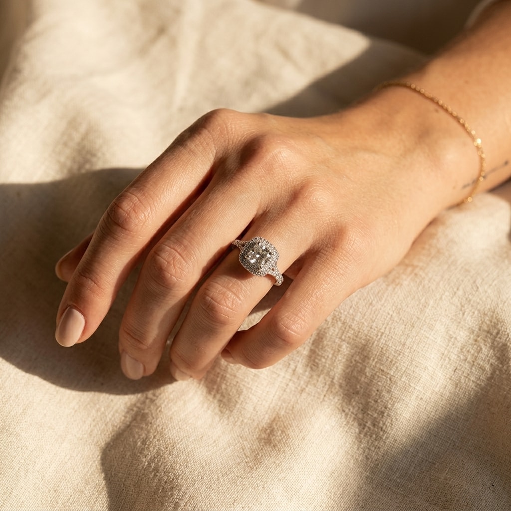 Cushion_Diamond_Double_Halo_Split_Shank_Engagement_Ring_On_Hand