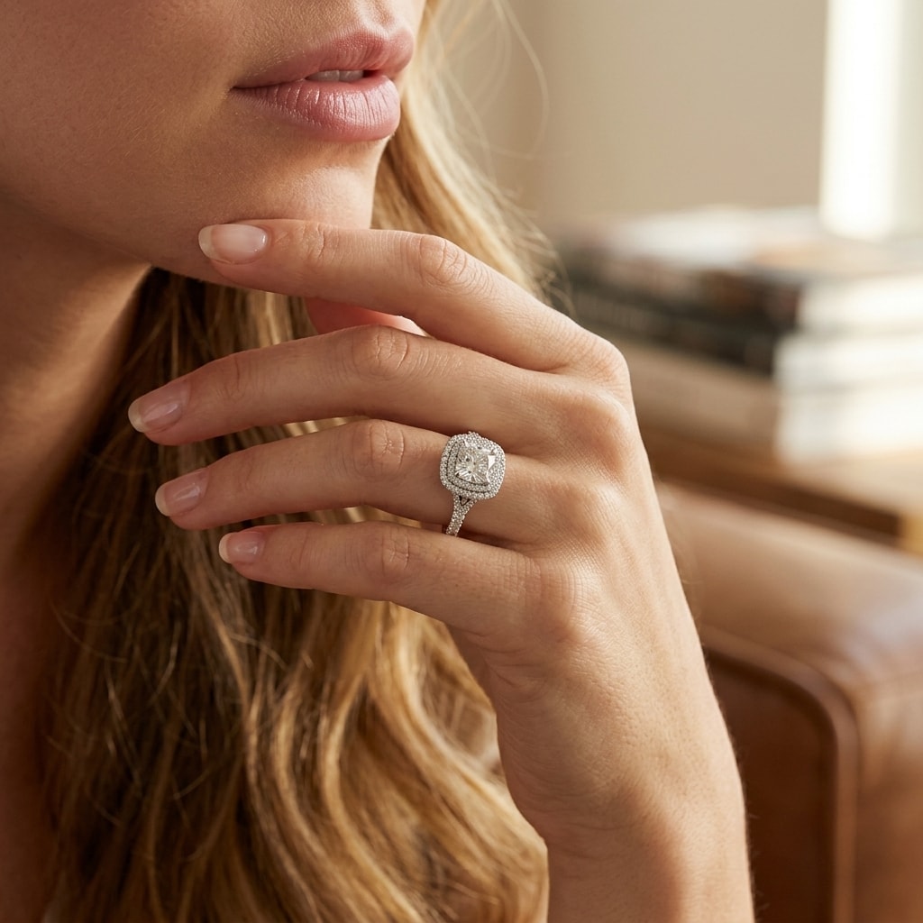 Cushion Shape Diamond Double Halo Split Shank Engagement Ring - alternate view
