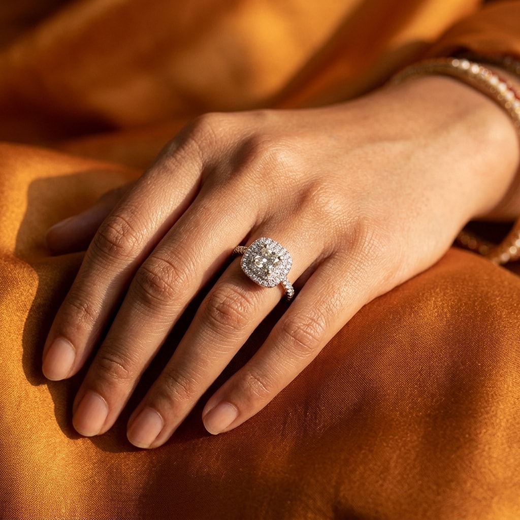 Cushion_Shape_Double_Halo_Diamond_Engagement_Ring_On_Hand