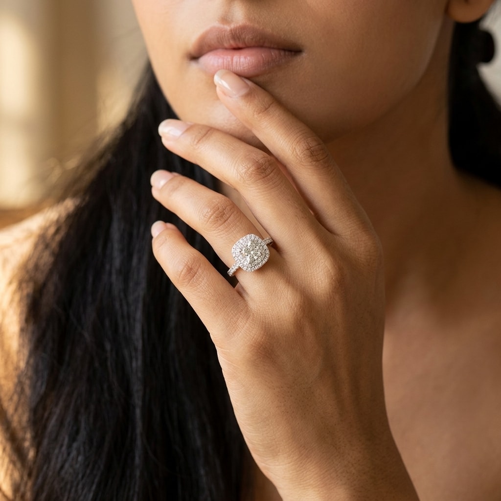 Cushion Shape Double Halo Diamond Engagement Ring - alternate view
