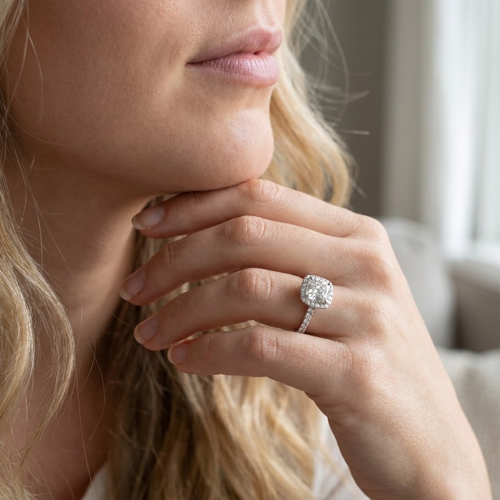 Cushion_Shape_Halo_Diamond_Engagement_Ring_On_Model