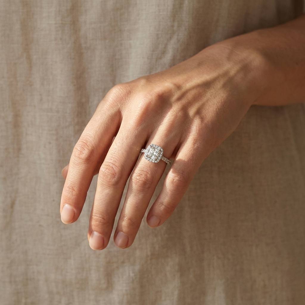 Cushion_Shape_Halo_Lab_Grown_Diamond_Engagement_Ring_On_Hand