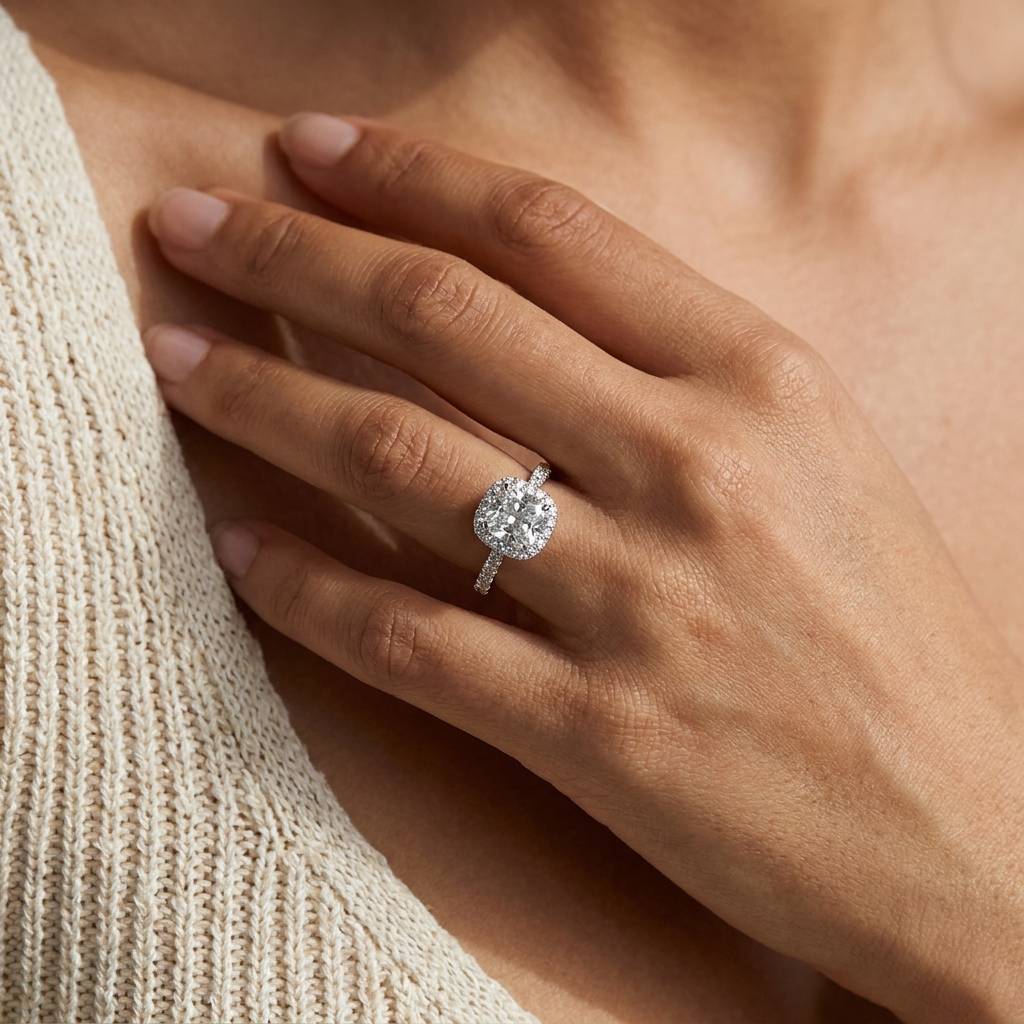 Cushion_Shape_Hidden_Halo_Lab_Grown_Diamond_Engagement_Ring_On_Hand