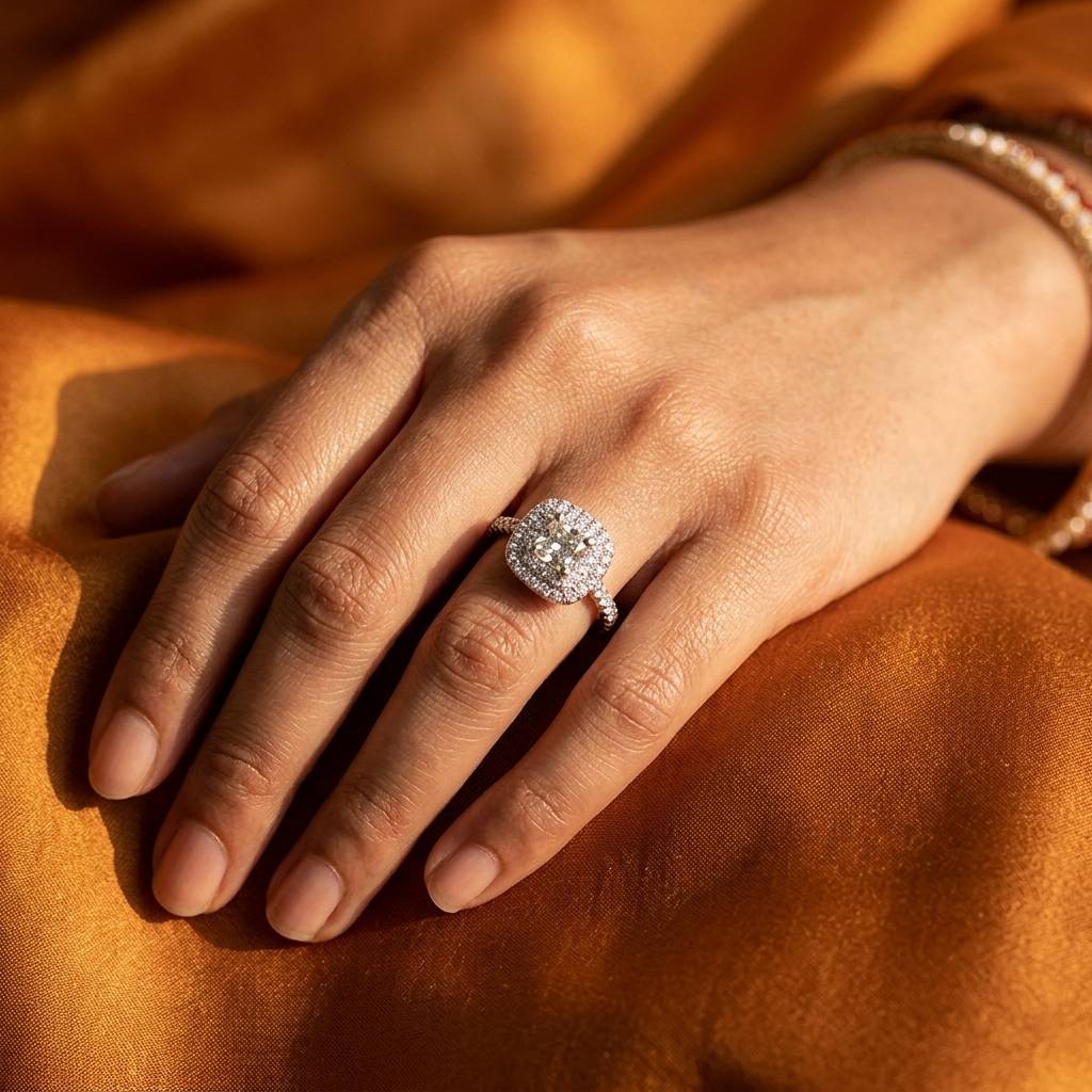 Cushion_Shape_Lab_Grown_Diamond_Double_Halo_Engagement_Ring_On_Hand