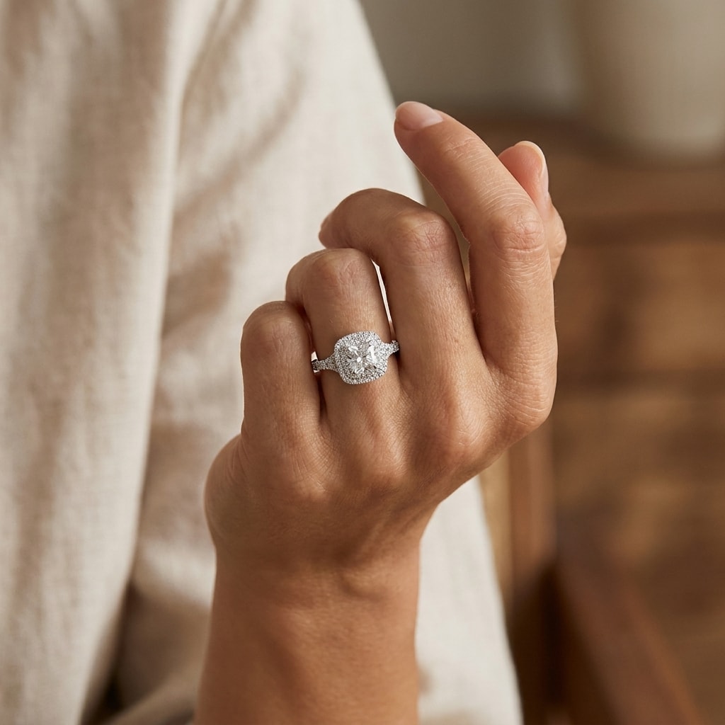 Cushion_Shape_Lab_Grown_Split_Shank_Diamond_Double_Halo_Engagement_Ring_On_Hand