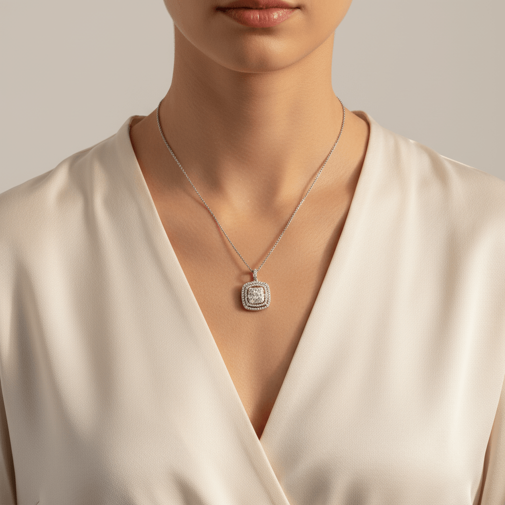 Double_Halo_Cushion_Diamond_Pendant_On_Model_2
