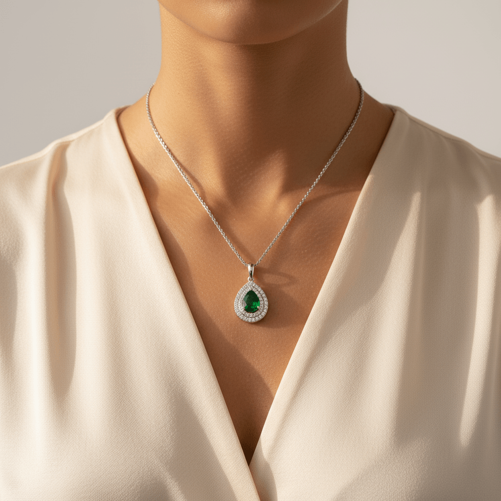 Double_Halo_Pear_Shape_Emerald_Pendant_On_Model_2