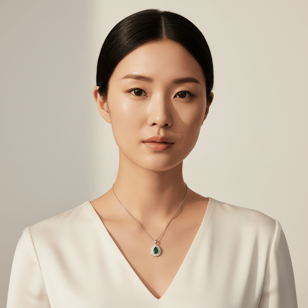 Double_Halo_Pear_Shape_Emerald_Pendant_On_Model