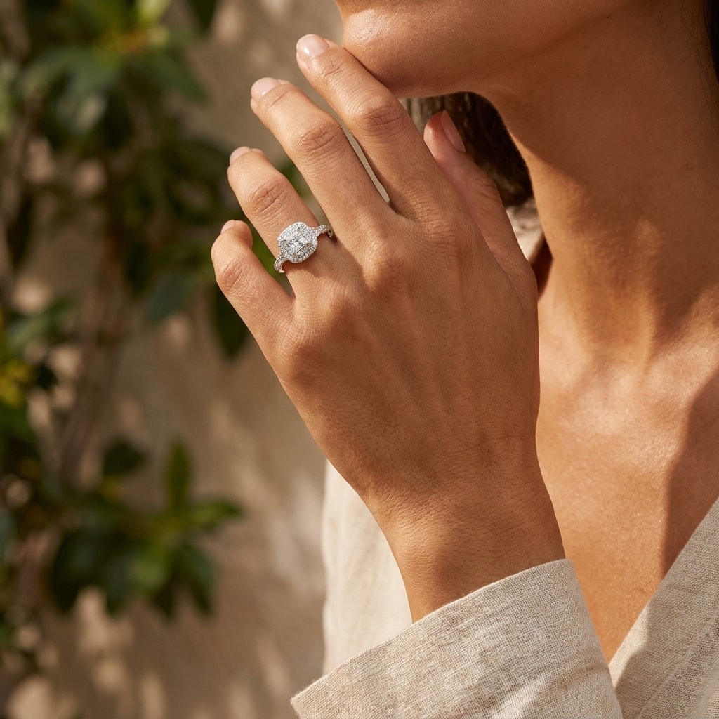 Double_Halo_Princess_Shape_Diamond_Engagement_Ring_On_Hand