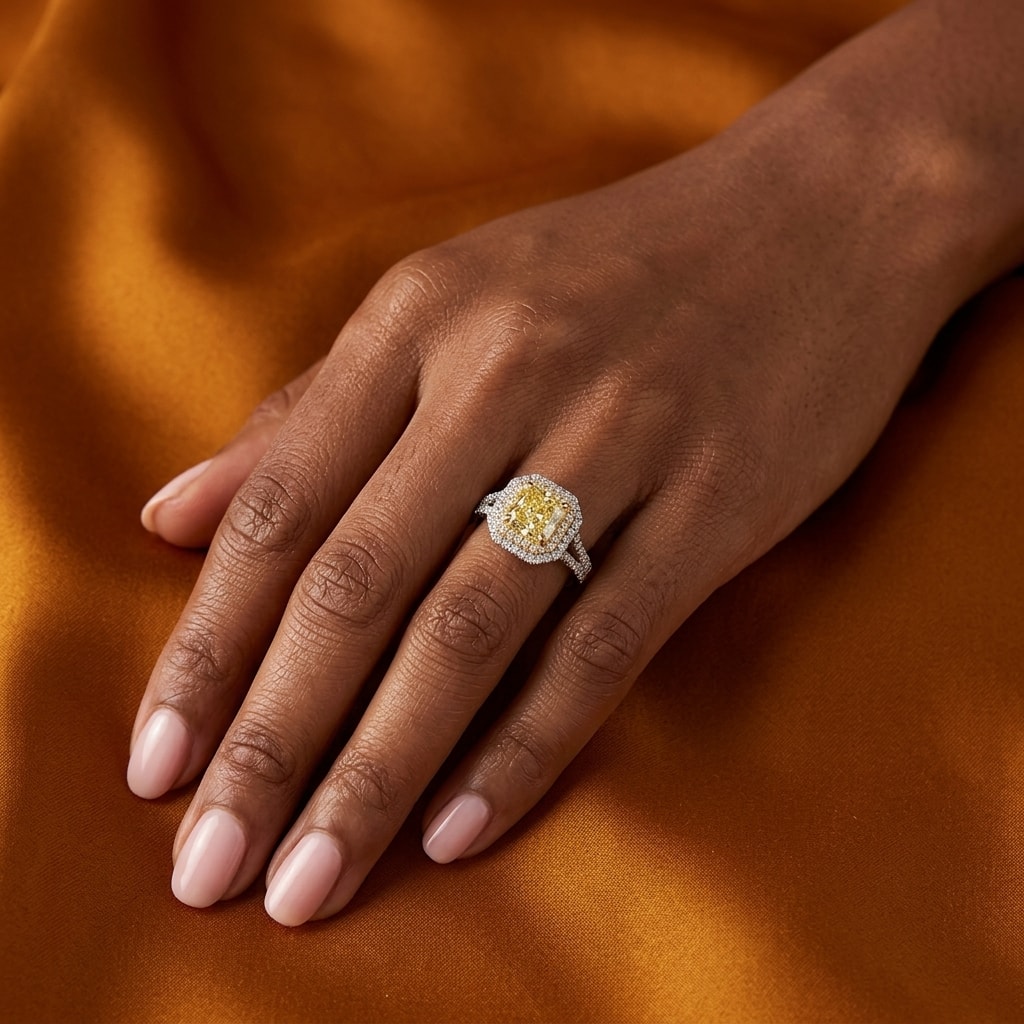 Double_Halo_Yellow_Radiant_Cut_Diamond_Cocktail_Ring_On_Hand
