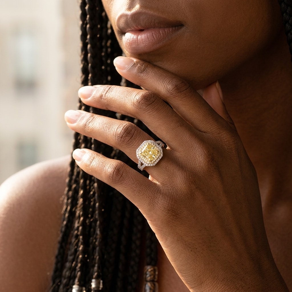 Double Halo Yellow Radiant Shape Diamond Cocktail Ring - alternate view