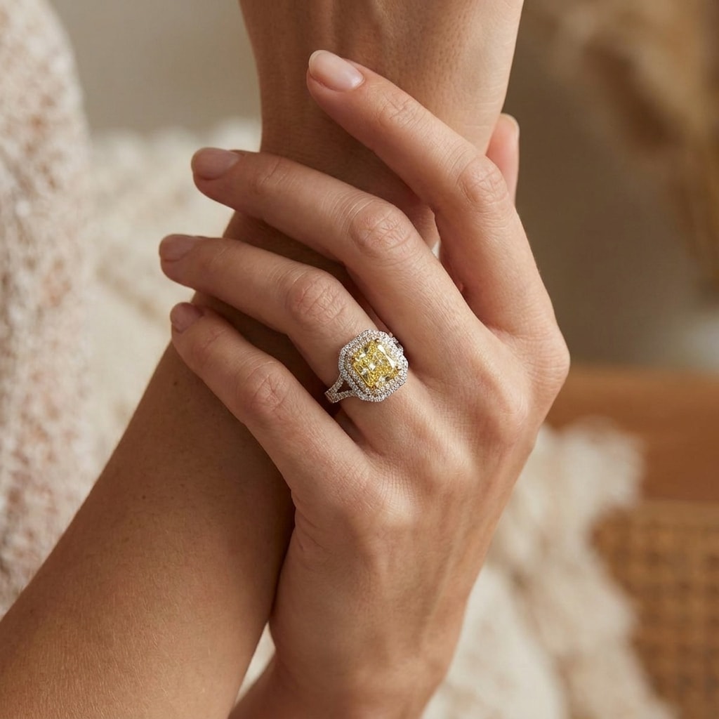 Double_Halo_Yellow_Radiant_Shape_Lab_Grown_Diamond_Cocktail_Ring_On_Hand