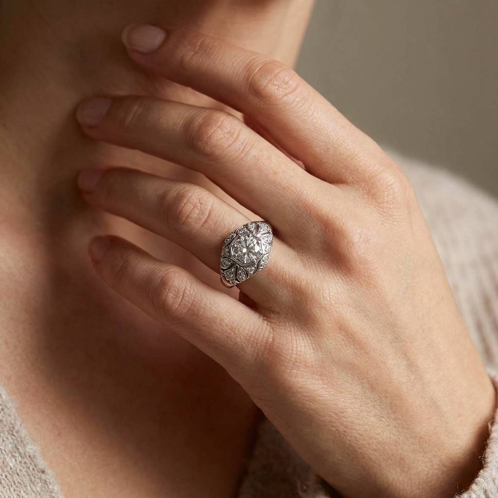 Eight_Claw_Art_Deco_Round_Shape_Diamond_Engagement_Ring_On_Hand