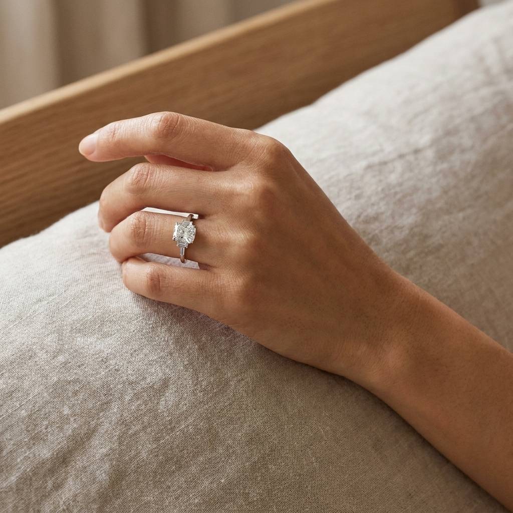 Elongated Cushion and Baguette Side Stone Trilogy Platinum Diamond Engagement Ring view 8