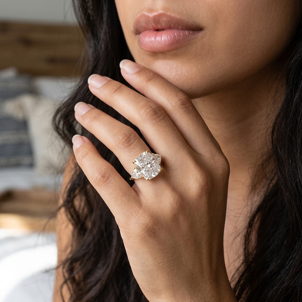 Elongated Cushion and Trillion Side Stone Trilogy Engagement Ring - alternate view