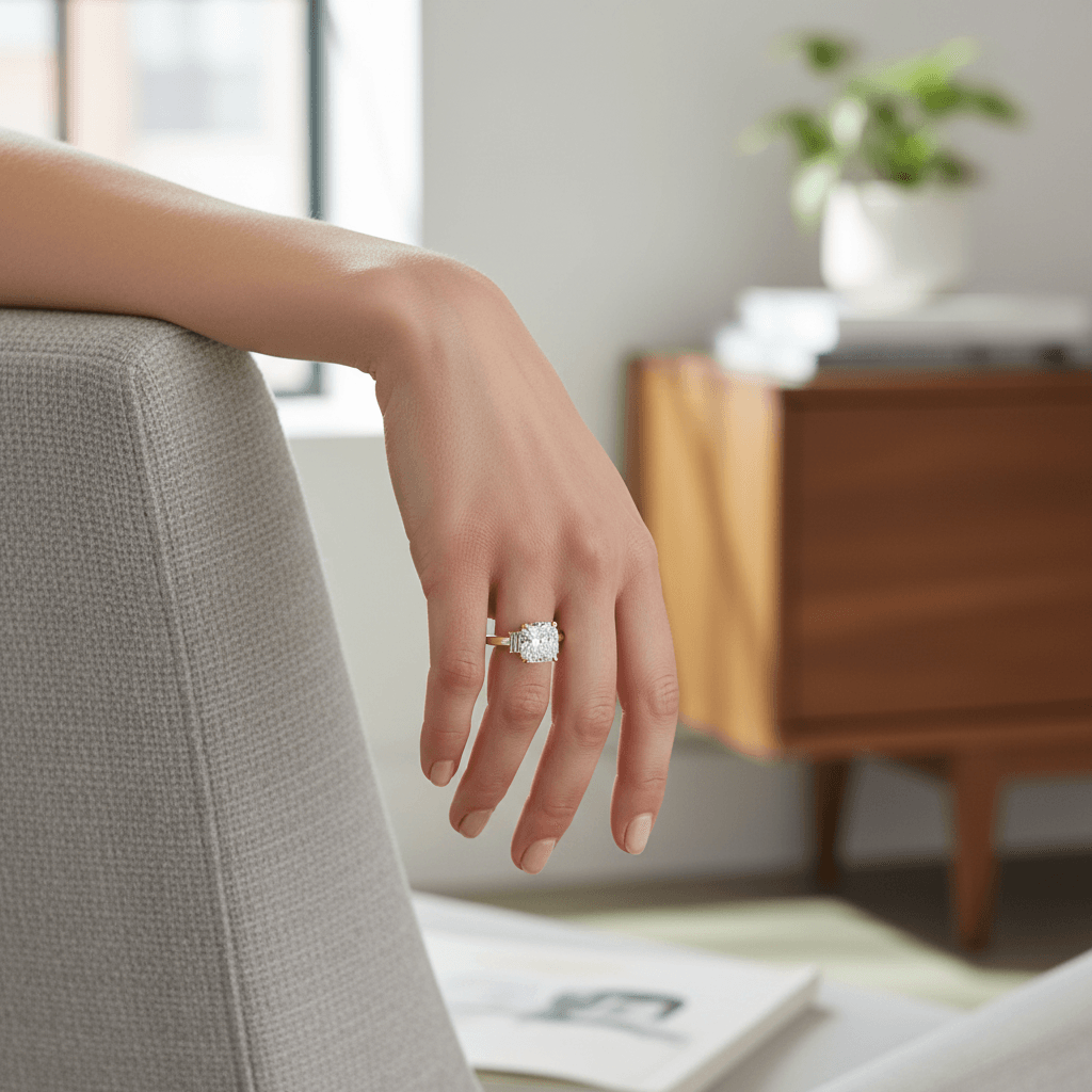 Elongated_Lab_Grown_Cushion_and_Baguette_Side_Stone_Trilogy_Diamond_Engagement_Ring_On_Hand