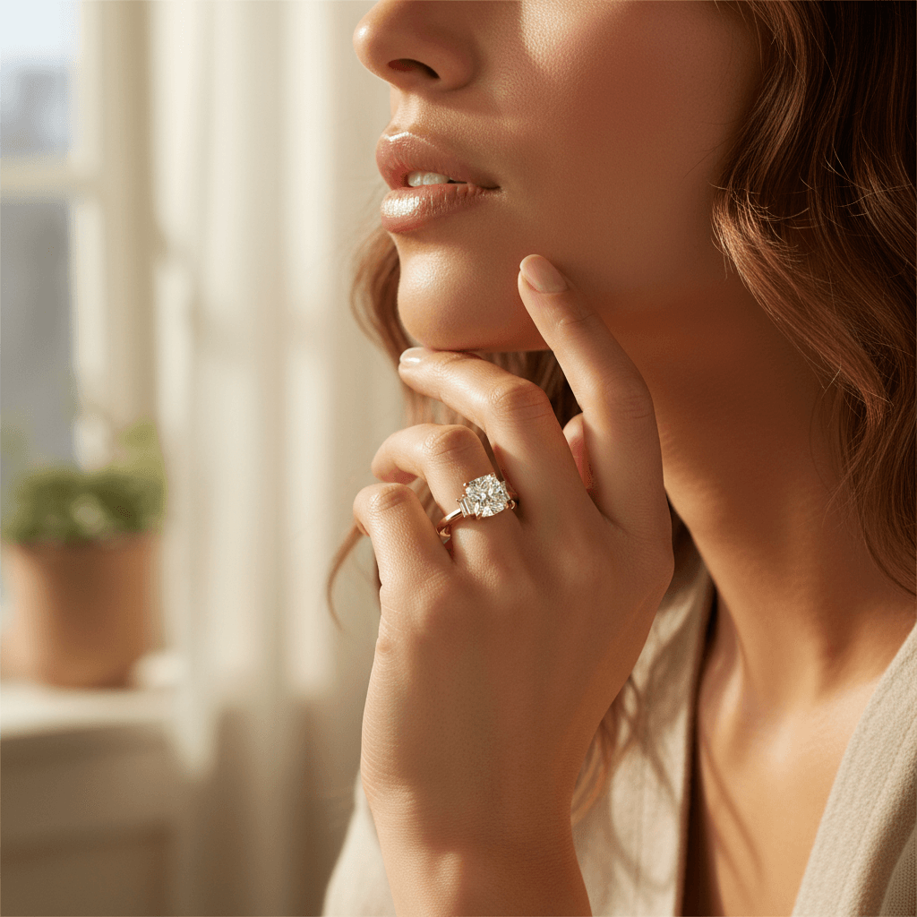 Elongated_Lab_Grown_Cushion_and_Baguette_Side_Stone_Trilogy_Diamond_Engagement_Ring_On_Model