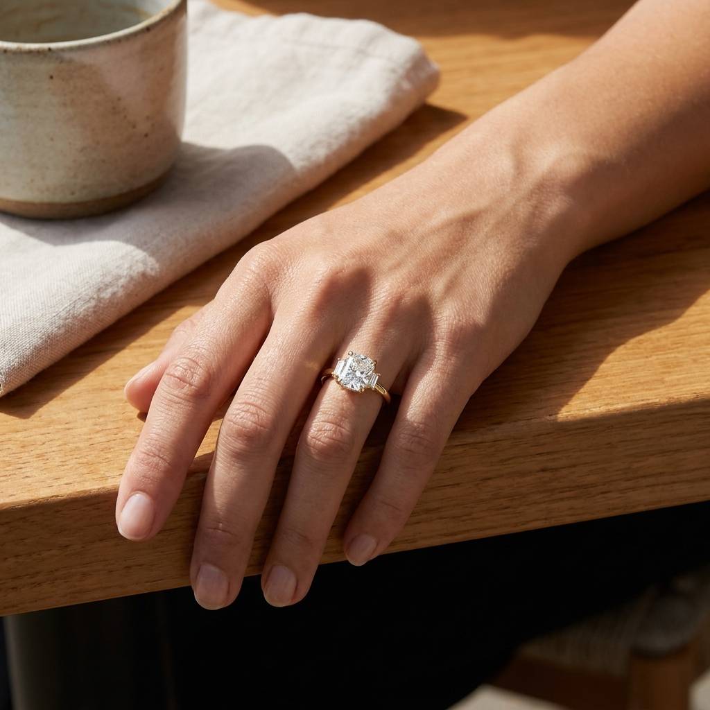 Elongated Lab Grown Cushion and Baguette Side Stone Trilogy Diamond Engagement Ring view 8